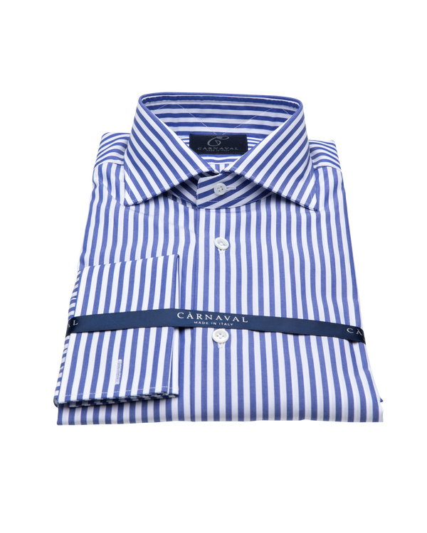 Gramsci men's shirt- In royal blue and white stripes, is a menswear staple and pairs seamlessly with ties. Made in Italy from third generation shirt makers.