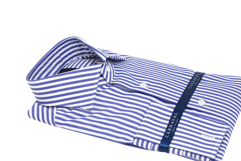 Gramsci men's shirt- In royal blue and white stripes, is a menswear staple and pairs seamlessly with ties. Made in Italy from third generation shirt makers.