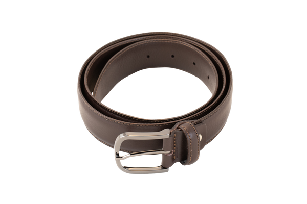 The Scandicci brown and black belt, made in Italy from a supple leather, textured, and is finished with a metal buckle. 
