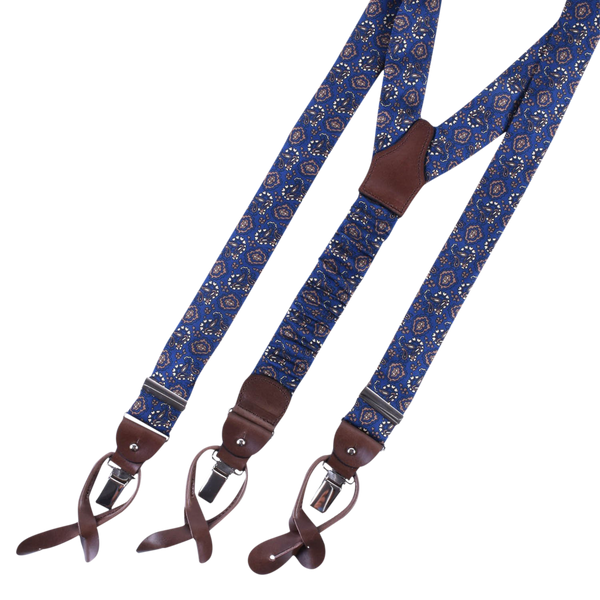Serà Fine Silk men's navy and brown suspenders, customers gain the distinguished touch to their outfit that only an authentic Italian made clothier could provide. 