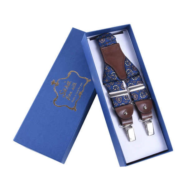 Serà Fine Silk men's navy and brown suspenders, customers gain the distinguished touch to their outfit that only an authentic Italian made clothier could provide. 