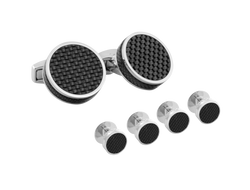 The Tateossian black shirt studs cufflink set is made from Carbon fibre, it is a sexy masculine material used in car racing due to strength, lightness and lasting qualities.
