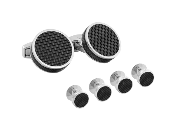The Tateossian black shirt studs cufflink set is made from Carbon fibre, it is a sexy masculine material used in car racing due to strength, lightness and lasting qualities.