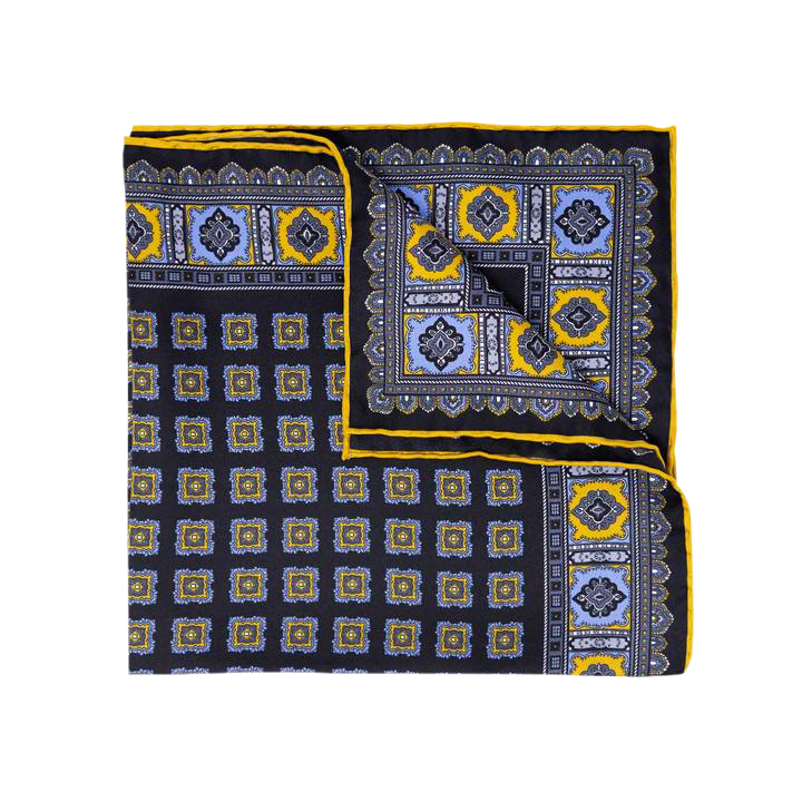 Our silk pocket squares are made in italy using the finest silks from Como. Navy and yellow are prominent colours in classic menswear making this pocket square an evergreen in your wardrobe.