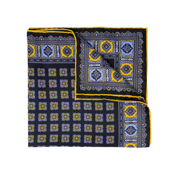 Our silk pocket squares are made in italy using the finest silks from Como. Navy and yellow are prominent colours in classic menswear making this pocket square an evergreen in your wardrobe.