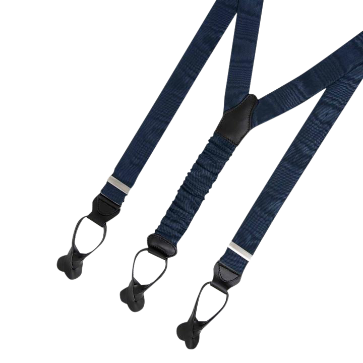 Serà Fine Silk men's navy moire suspenders, made in Italy and feature leather trims for the distinguished gentleman, only an authentic Italian made clothier could provide.