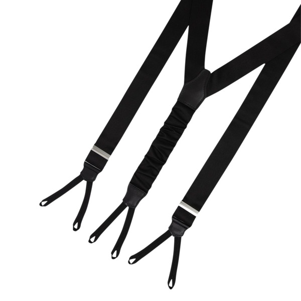 Serà Fine Silk black Barathea tuxedo silk suspenders are made in Italy, feature black leather trims and complete your formal suits or your favourite Càrnaval tuxedo.